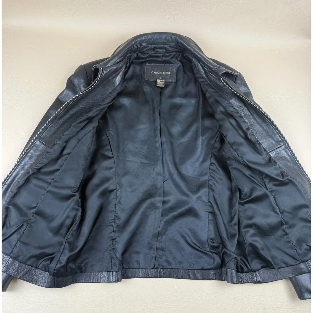 Genuine Lambskin Leather Jacket Black Zip Front‎ Fitted Moto Womens L Classiques